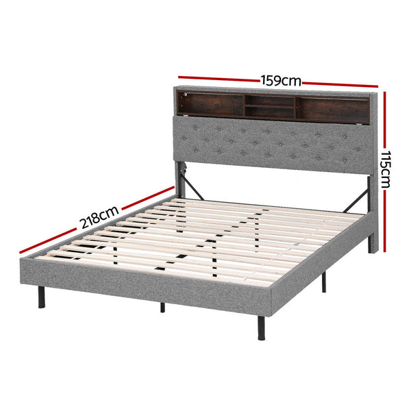 Artiss Bed Frame Queen Size Led Mattress Base Platform With Storage Shelf Hidden Box Grey Queen Bed Frames