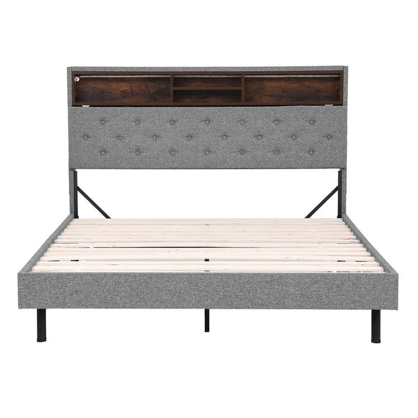 Artiss Bed Frame Queen Size Led Mattress Base Platform With Storage Shelf Hidden Box Grey Queen Bed Frames