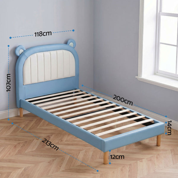 Artiss Kids King Single Bed Frame Blue And White Bear Headboard King Single Bed Frames
