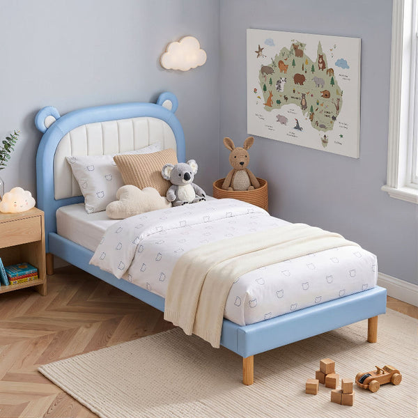 Artiss Kids King Single Bed Frame Blue And White Bear Headboard King Single Bed Frames