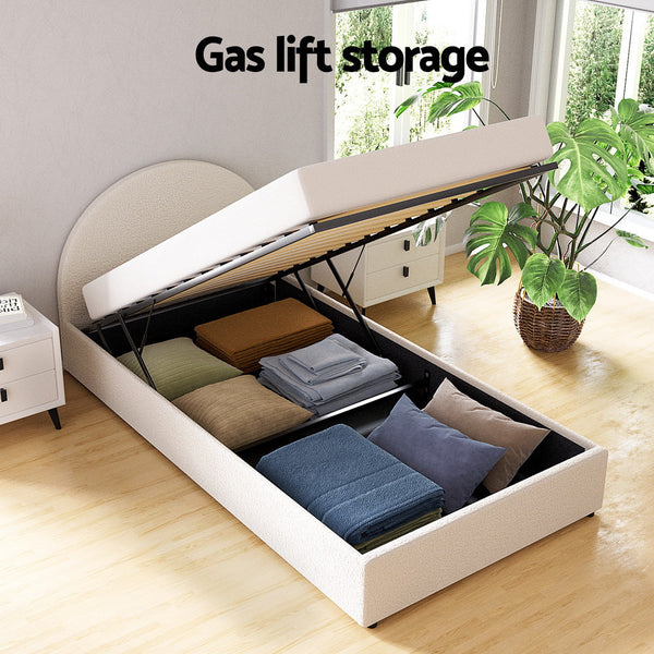 Bed Frame Gas Lift Strorage Beds Base Platform Boucle Fabric King Single Ella King Single Bed Frames