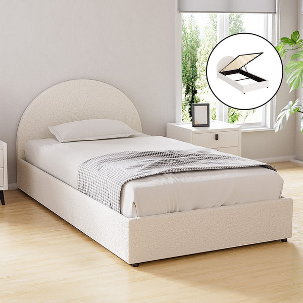 Bed Frame Gas Lift Strorage Beds Base Platform Boucle Fabric King Single Ella King Single Bed Frames