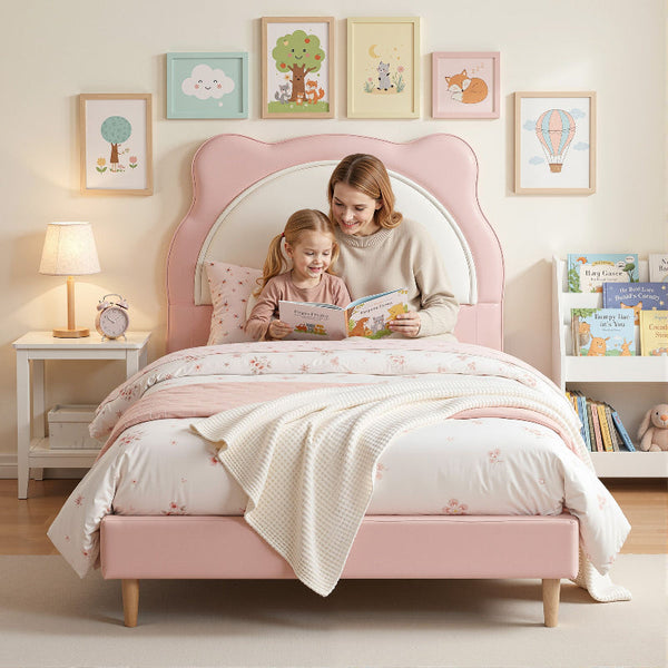 Cute Kitty King Single Upholstered Bed Frame Pastel Pink And White King Single Bed Frames