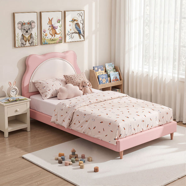 Cute Kitty King Single Upholstered Bed Frame Pastel Pink And White King Single Bed Frames