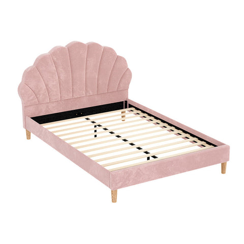 Artiss Double Bed Frame Pink Velvet Fabric Scallop Headboard Bedroom Furniture Double Bed Frames