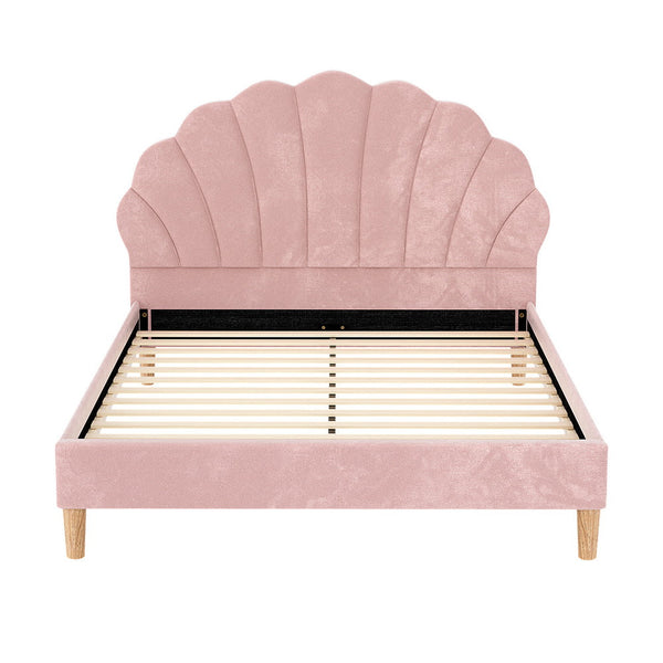 Artiss Double Bed Frame Pink Velvet Fabric Scallop Headboard Bedroom Furniture Double Bed Frames