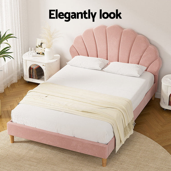 Artiss Double Bed Frame Pink Velvet Fabric Scallop Headboard Bedroom Furniture Double Bed Frames