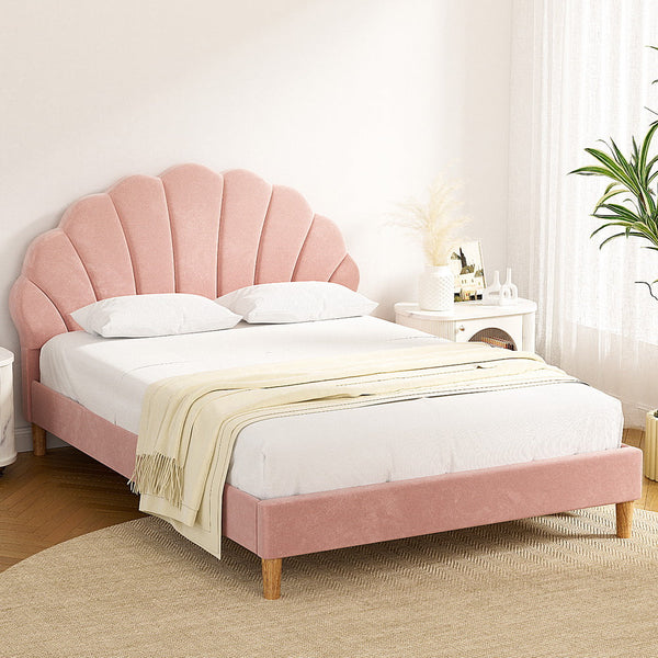 Artiss Double Bed Frame Pink Velvet Fabric Scallop Headboard Bedroom Furniture Double Bed Frames