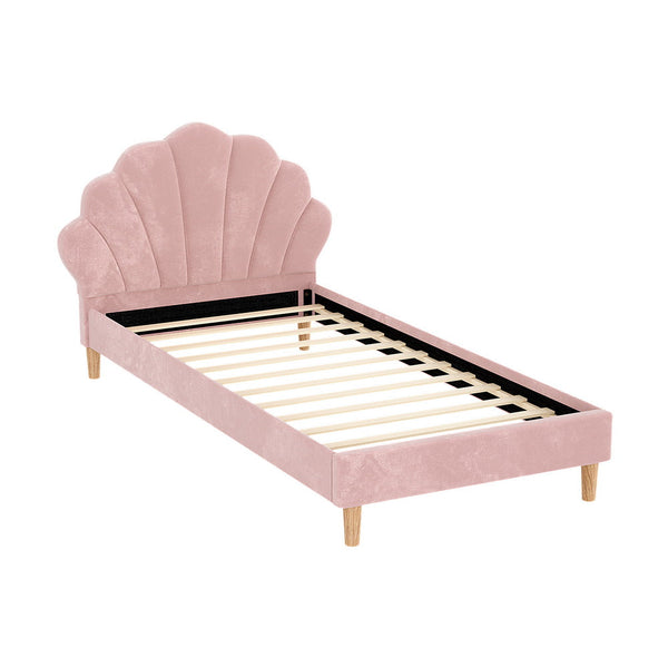 Artiss King Single Bed Frame Pink Velvet Fabric Scallop Headboard Furniture King Single Bed Frames