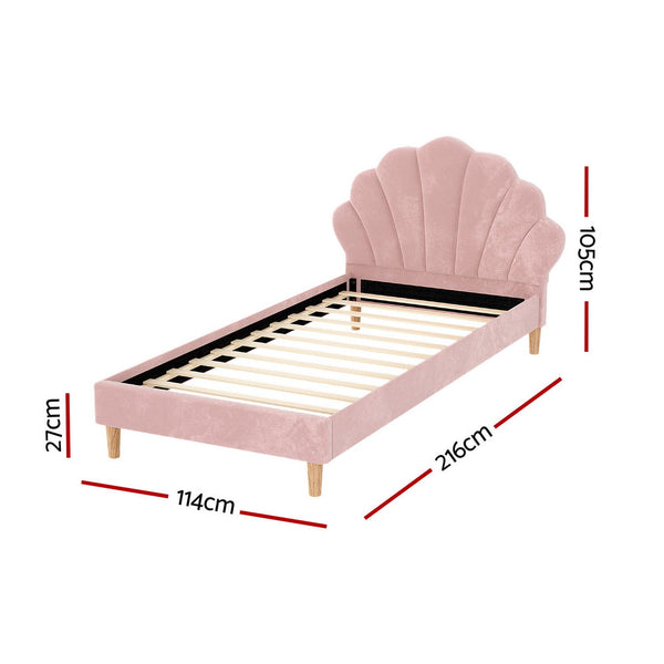 Artiss King Single Bed Frame Pink Velvet Fabric Scallop Headboard Furniture King Single Bed Frames