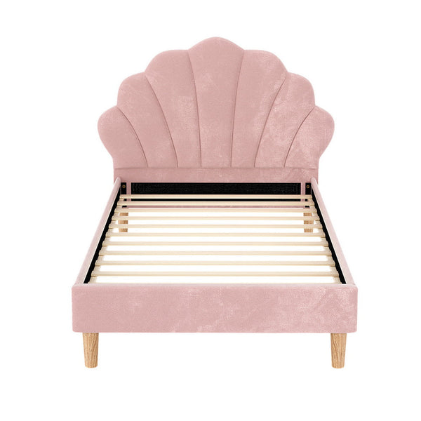 Artiss King Single Bed Frame Pink Velvet Fabric Scallop Headboard Furniture King Single Bed Frames