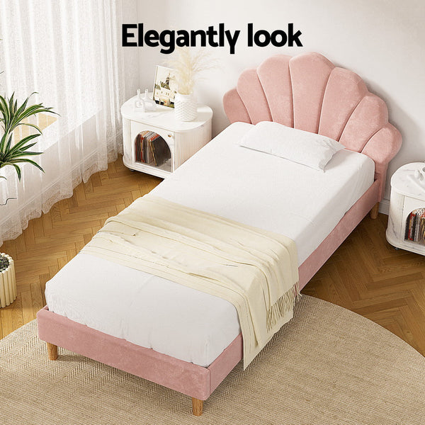 Artiss King Single Bed Frame Pink Velvet Fabric Scallop Headboard Furniture King Single Bed Frames