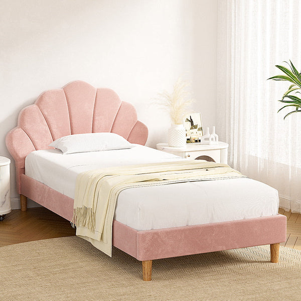Artiss King Single Bed Frame Pink Velvet Fabric Scallop Headboard Furniture King Single Bed Frames