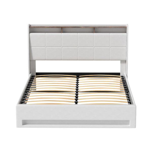 Artiss Bed Frame Gas Lift Led Beds Base Platform White Pvc Leather Storage Headboard Double Headboards & Footboards