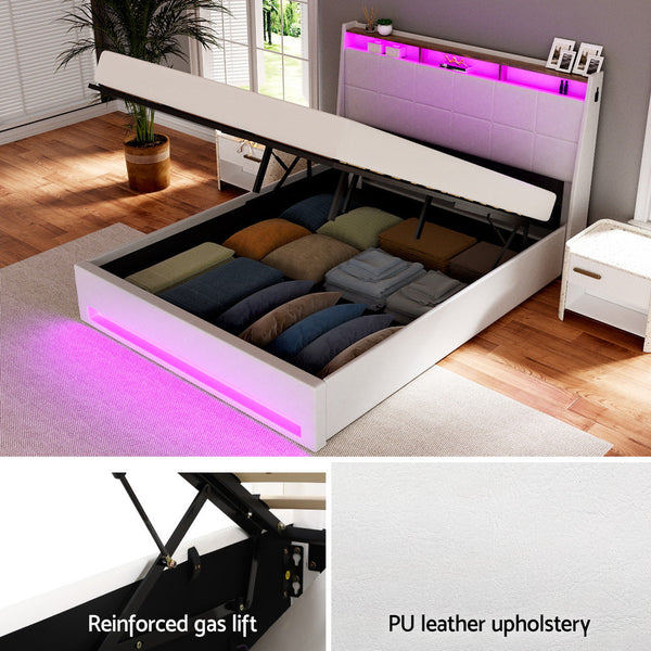 Artiss Bed Frame Gas Lift Led Beds Base Platform White Pvc Leather Storage Headboard Double Headboards & Footboards