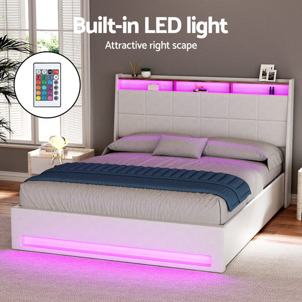 Artiss Bed Frame Gas Lift Led Beds Base Platform White Pvc Leather Storage Headboard Double Headboards & Footboards