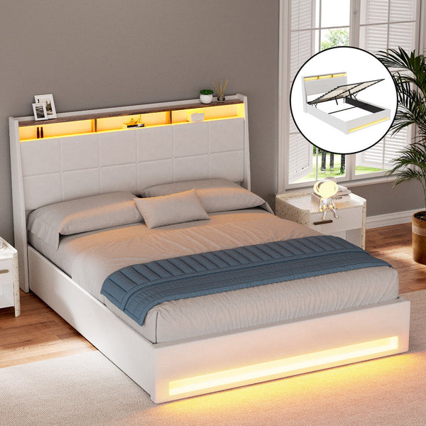 Artiss Bed Frame Gas Lift Led Beds Base Platform White Pvc Leather Storage Headboard Double Headboards & Footboards