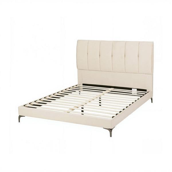 Artiss Double Bed Frame Cream White Velvet Tufted Headboard 300Kg Double Bed Frames
