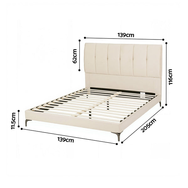 Artiss Double Bed Frame Cream White Velvet Tufted Headboard 300Kg Double Bed Frames
