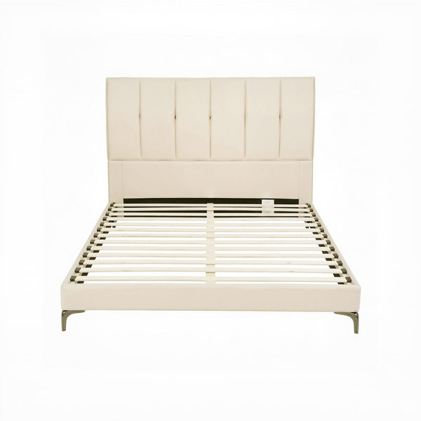 Artiss Double Bed Frame Cream White Velvet Tufted Headboard 300Kg Double Bed Frames