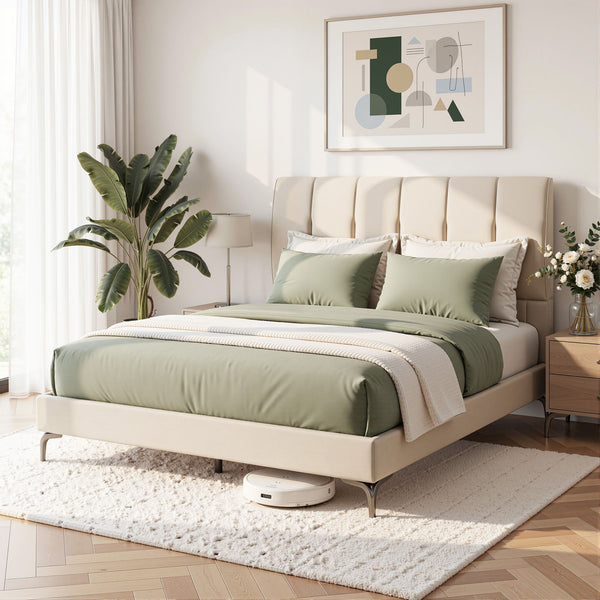 Artiss Double Bed Frame Cream White Velvet Tufted Headboard 300Kg Double Bed Frames