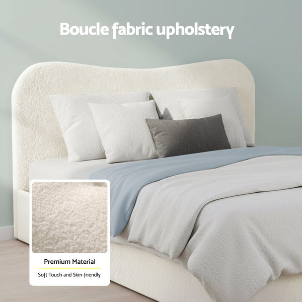 Queen Bed Frame With Gaslift Storage Wooden Platform Mattress Base Boucle Upholstered White Queen Bed Frames