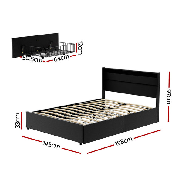 Pu Leather Bed Frame With Led Lighting And Storage Drawers Double Double Bed Frames