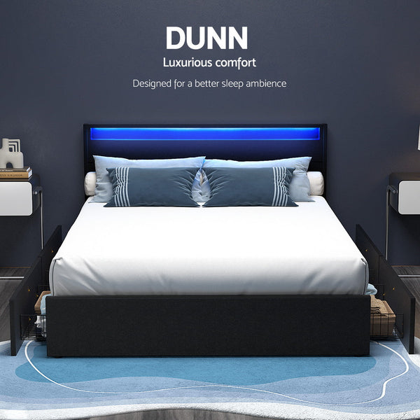 Pu Leather Bed Frame With Led Lighting And Storage Drawers Double Double Bed Frames