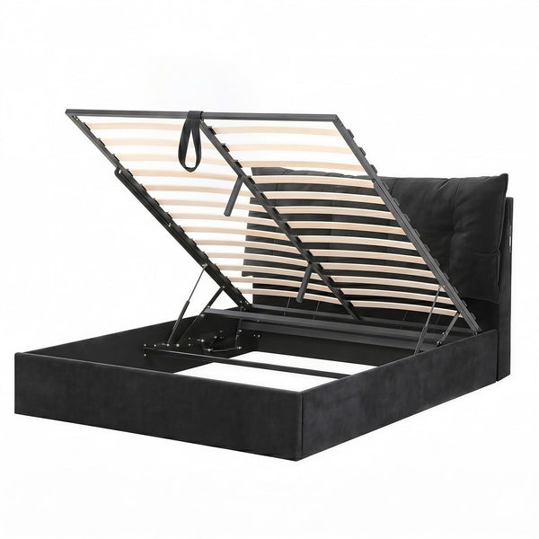 Artiss Queen Bed Frame With Gas Lift Storage Led & Usb C Charging Black Velvet Double Bed Frames