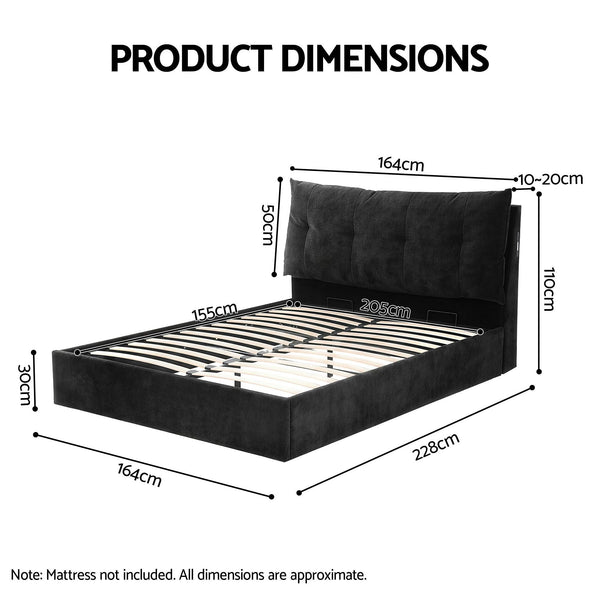 Artiss Queen Bed Frame With Gas Lift Storage Led & Usb C Charging Black Velvet Double Bed Frames