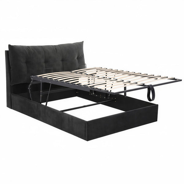 Artiss Queen Bed Frame With Gas Lift Storage Led & Usb C Charging Black Velvet Double Bed Frames