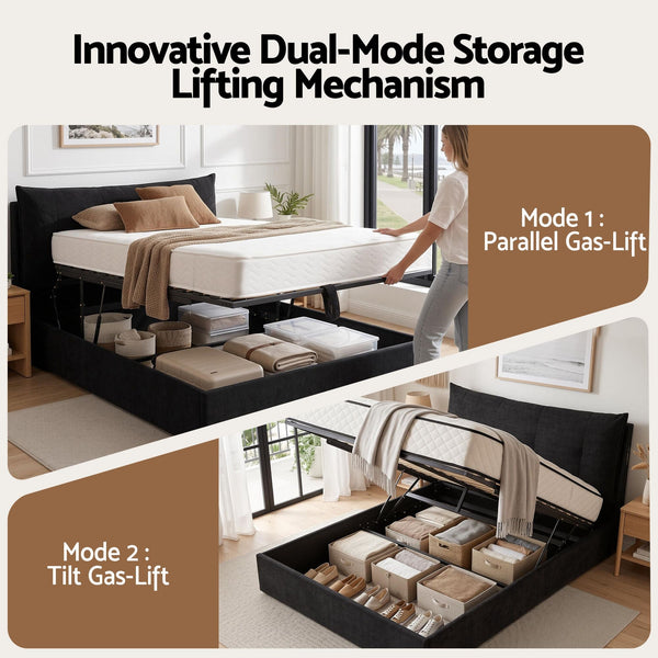 Artiss Queen Bed Frame With Gas Lift Storage Led & Usb C Charging Black Velvet Double Bed Frames