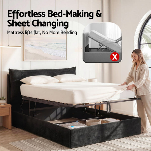 Artiss Queen Bed Frame With Gas Lift Storage Led & Usb C Charging Black Velvet Double Bed Frames