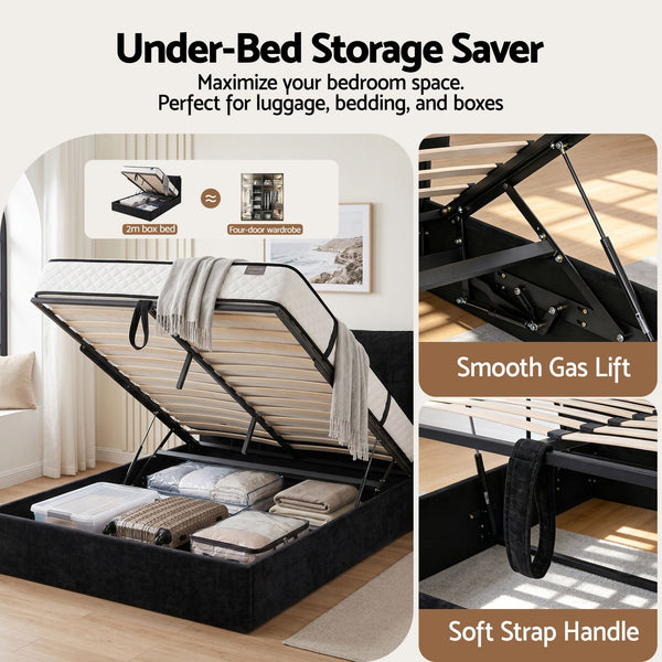 Artiss Queen Bed Frame With Gas Lift Storage Led & Usb C Charging Black Velvet Double Bed Frames
