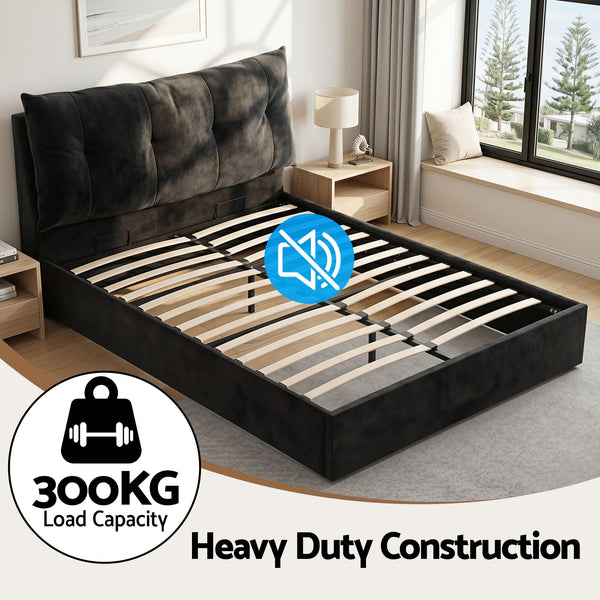 Artiss Queen Bed Frame With Gas Lift Storage Led & Usb C Charging Black Velvet Double Bed Frames