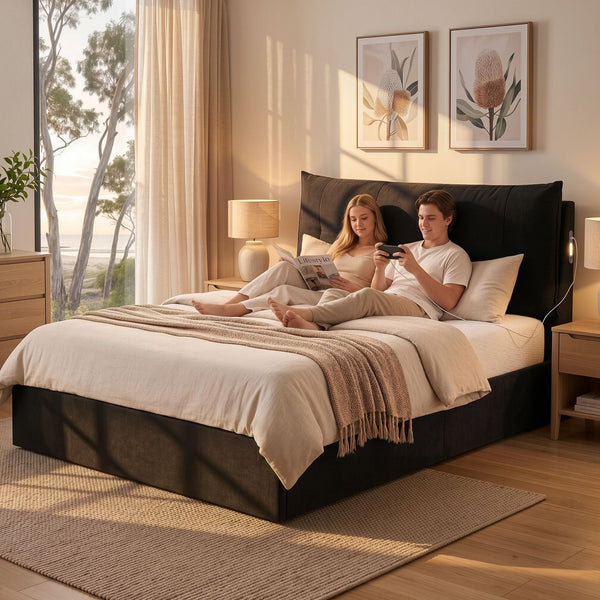 Artiss Queen Bed Frame With Gas Lift Storage Led & Usb C Charging Black Velvet Double Bed Frames