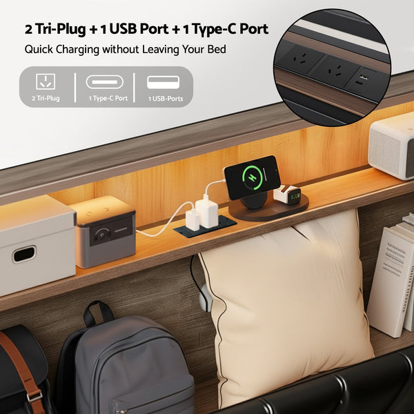 Pu Leather Bed Frame Led Lighting Storage Headboard Double Double Bed Frames