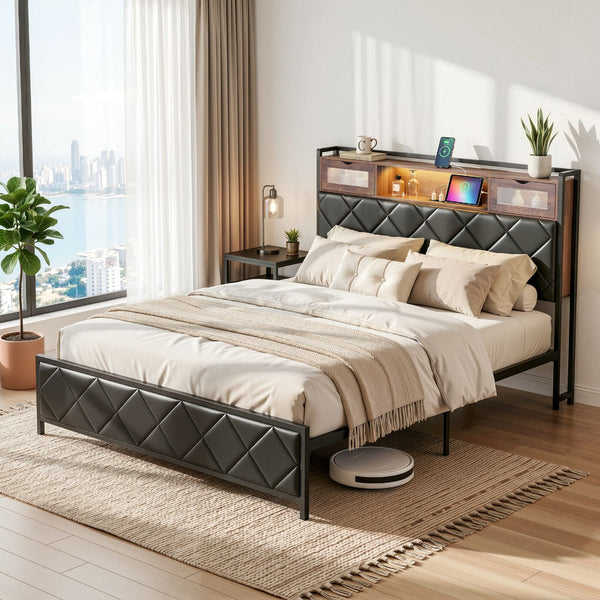 Artiss Queen Bed Frame With Storage Headboard And Led Lights Black Queen Bed Frames