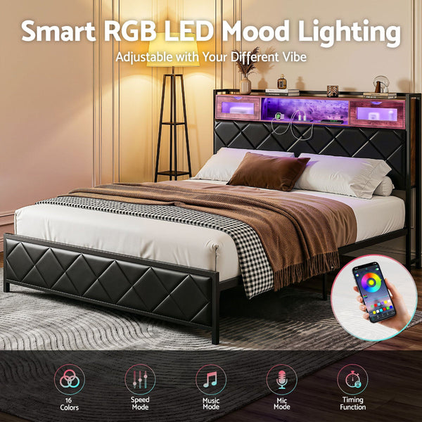 Artiss Queen Bed Frame With Storage Headboard And Led Lights Black Queen Bed Frames