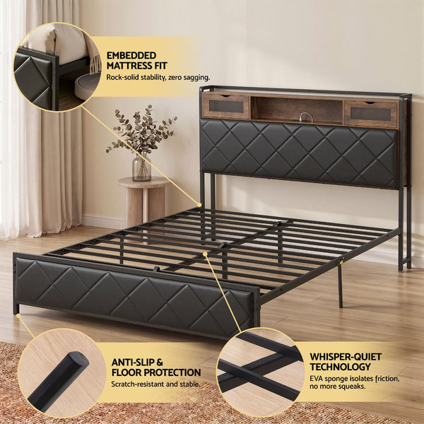 Artiss Queen Bed Frame With Storage Headboard And Led Lights Black Queen Bed Frames