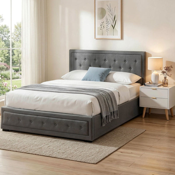 Artiss Queen Gas Lift Storage Bed Frame & 2 Drawer Bedside Table Set Grey/White Queen Bed Frames