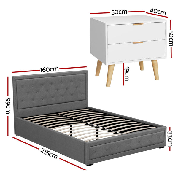 Artiss Queen Gas Lift Storage Bed Frame & 2 Drawer Bedside Table Set Grey/White Queen Bed Frames