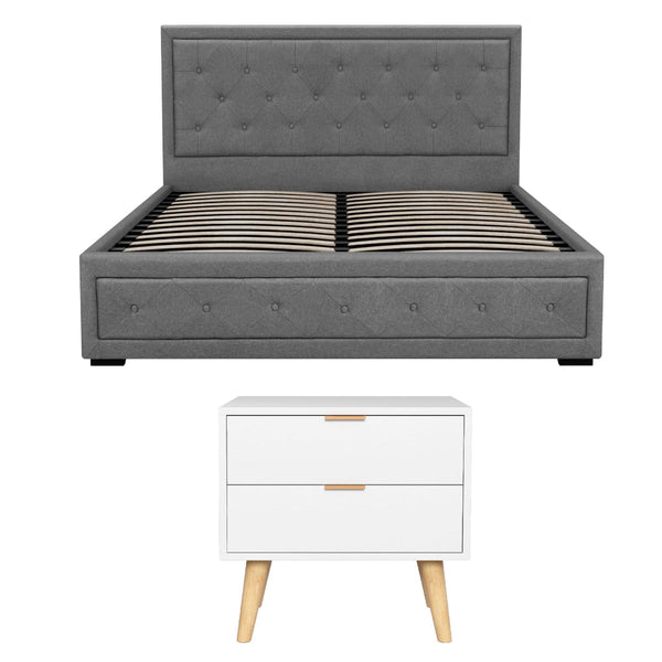 Artiss Queen Gas Lift Storage Bed Frame & 2 Drawer Bedside Table Set Grey/White Queen Bed Frames