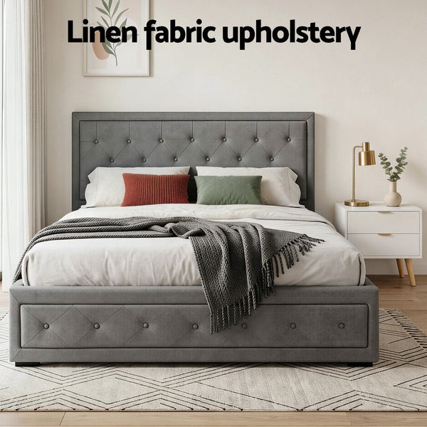 Artiss Queen Gas Lift Storage Bed Frame & 2 Drawer Bedside Table Set Grey/White Queen Bed Frames