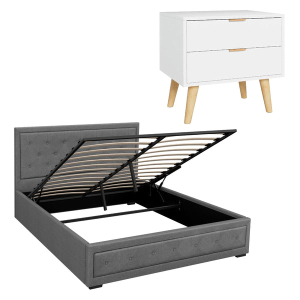 Artiss Queen Gas Lift Storage Bed Frame & 2 Drawer Bedside Table Set Grey/White Queen Bed Frames