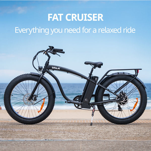 Valk Electric Fat Tyre Cruiser Bike Ebike With Throttle Matte Black Bicycles