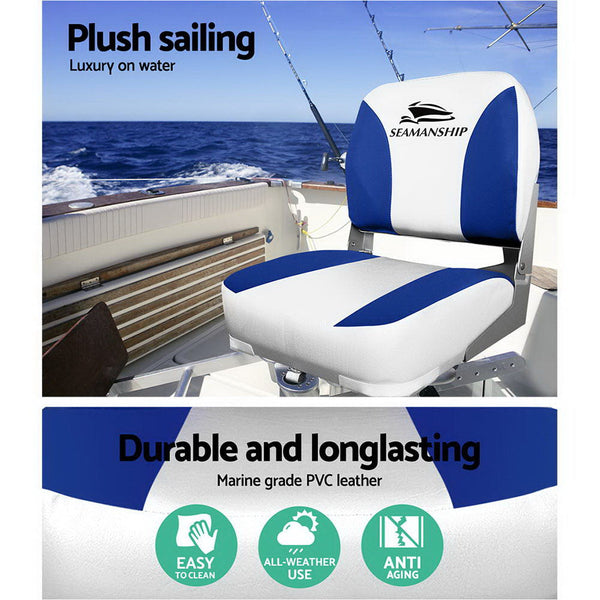 Seamanship 2X Folding Marine Swivel Low Back 13Cm Padding White Blue Boat Seats