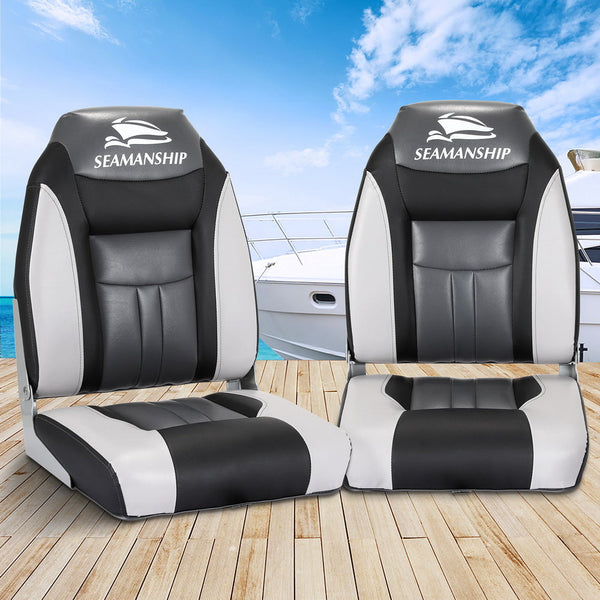 Seamanship 2X Folding Marine Seat Swivel High Back 12Cm Padding Black Boat Seats