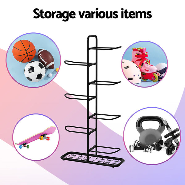 Everfit Ball Storage Rack Sports Equipment Organizer 7 Tier Holder For Garage Gym Black Ball Racks