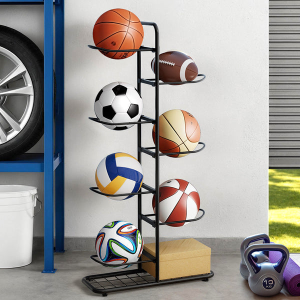 Everfit Ball Storage Rack Sports Equipment Organizer 7 Tier Holder For Garage Gym Black Ball Racks